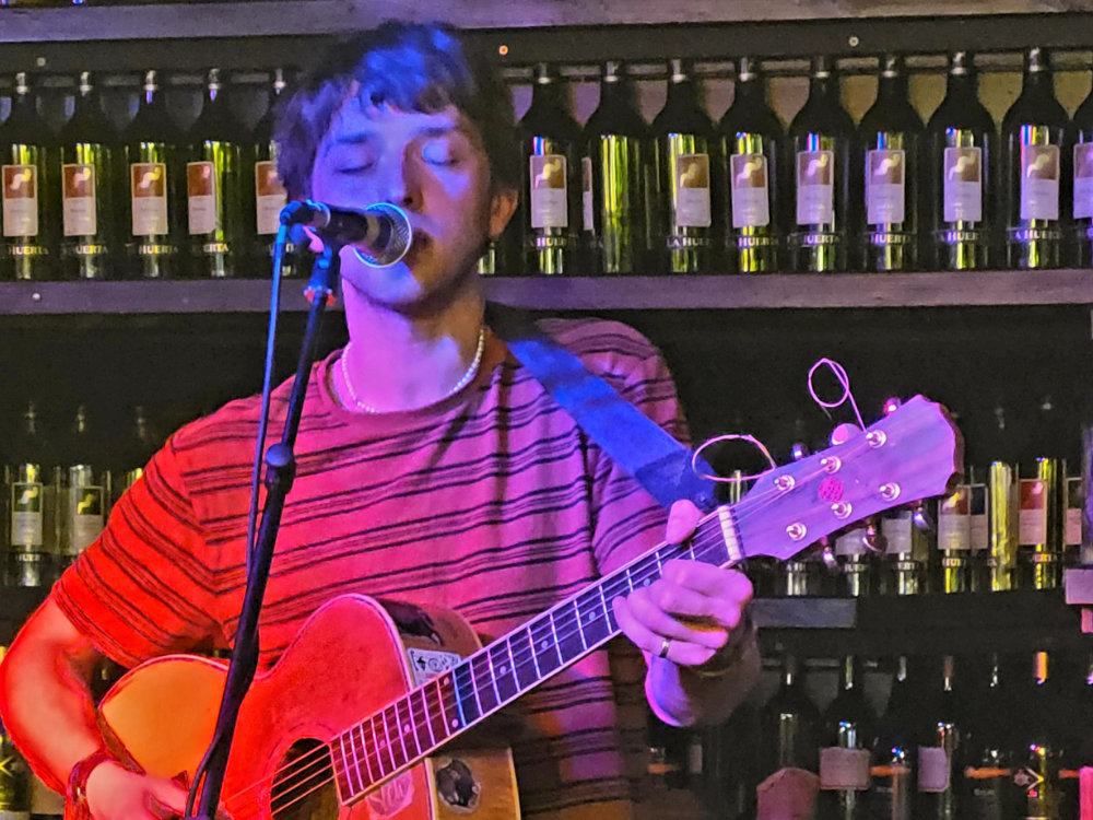 Reuben Lovett performing live under purple stage lighting, singing into microphone with acoustic guitar