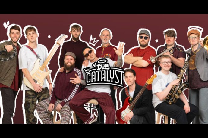 Dub Catalyst, 11-piece band, staged group photo with graphic branding