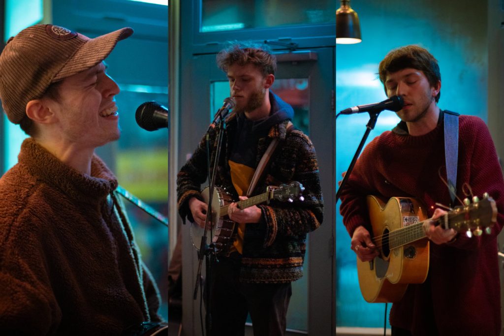 Three-portrait composite of Reuben Lovett with Archie and Fin of Lonely Mountain at Spin The Black Circle, Worcester